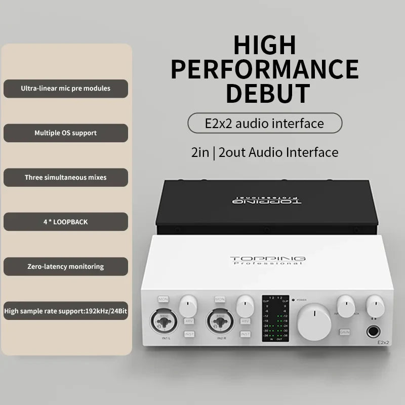 White and black topping e2x2 professional audio interface with minimalist design includes knobs ports and led display for live streaming recording mixing