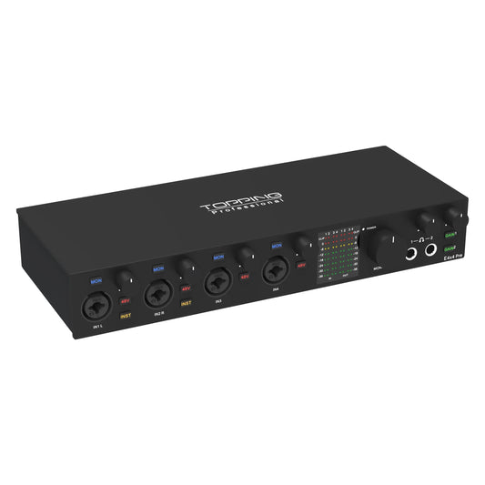 Black topping e4x4 pre professional audio interface showing multiple ports and knobs for computer live streaming use
