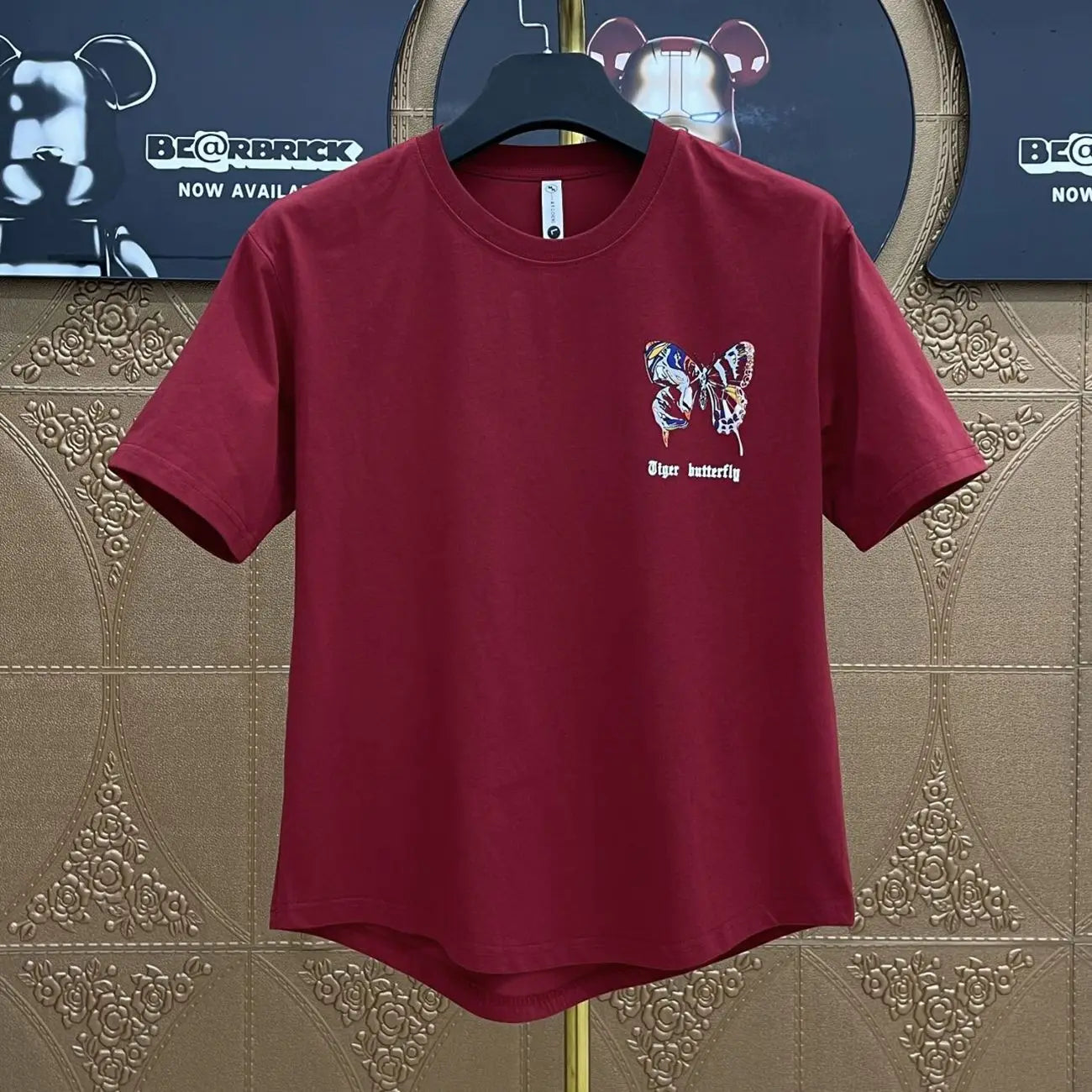 Maroon graphic hip hop t-shirt featuring a colorful tiger butterfly print for heather male tees and print korean clothing