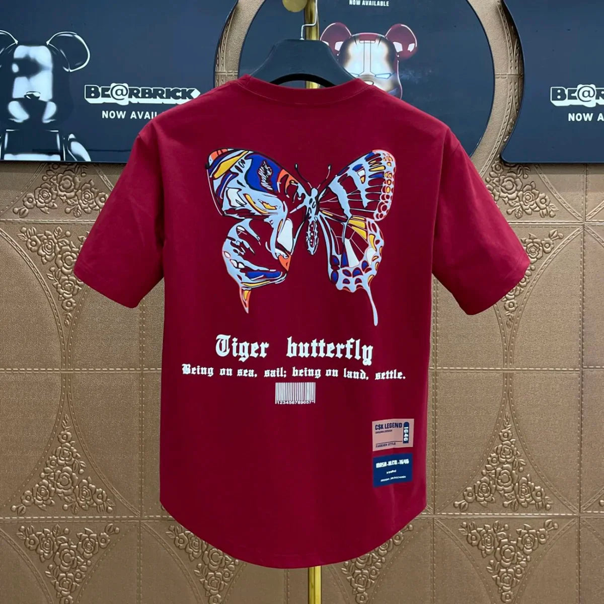 Red graphic hip hop t-shirt featuring a vibrant tiger butterfly print in heather male tees style korean clothing design