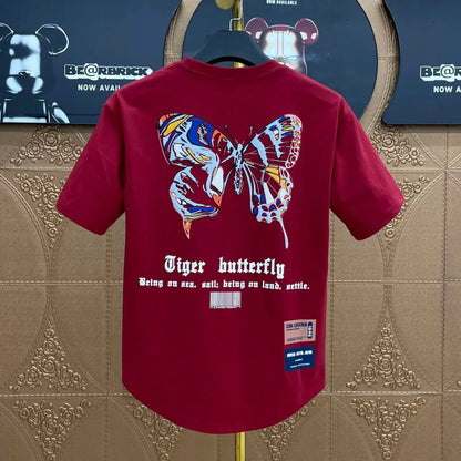 Red graphic hip hop t-shirt featuring a vibrant tiger butterfly print in heather male tees style korean clothing design