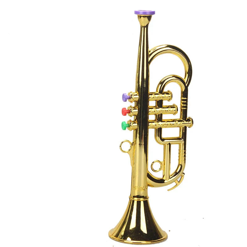 Golden toy trumpet with colorful purple red and green valves for kids wind instruments coded keys teaching use