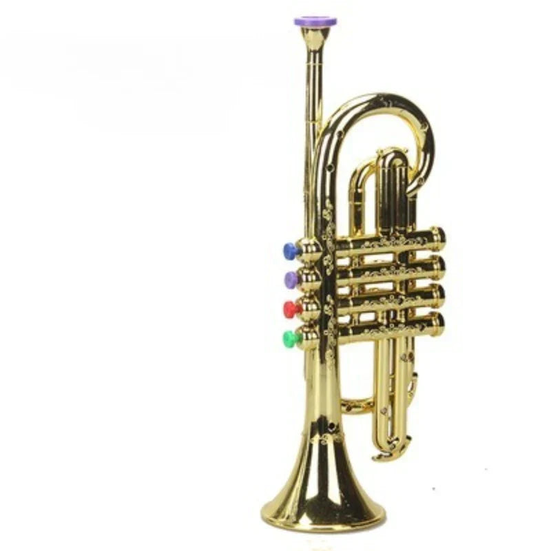 Golden toy clarinet with colorful coded keys in blue purple red and green for kids wind and brass musical learning
