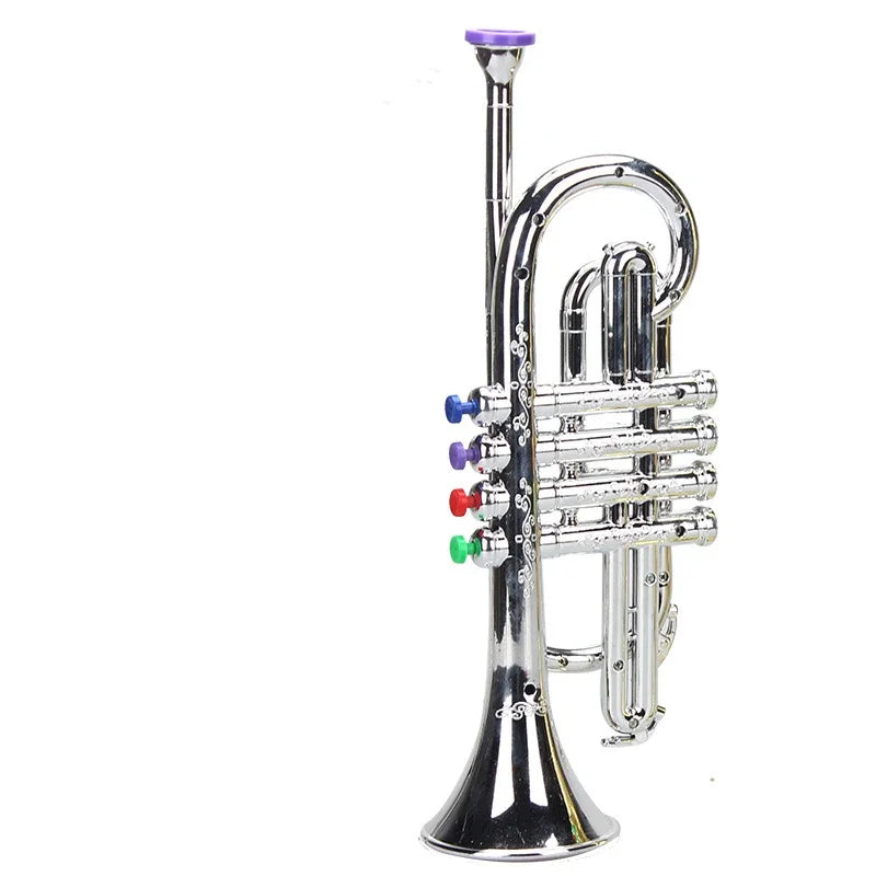 Shiny silver toy clarinet with colorful coded keys teaching and purple mouthpiece for kids wind and brass instruments