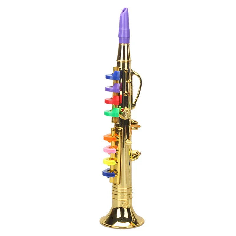 Golden toy saxophone with a purple mouthpiece and rainbow coded keys teaching kids wind musical skills