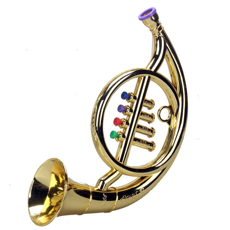 Golden toy clarinet shaped french horn with colorful coded keys teaching valve caps and purple mouthpiece for kids wind play