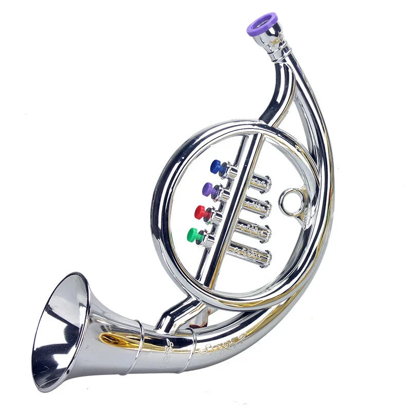 Shiny silver toy french horn with colorful red green blue and purple valve caps for kids wind and coded keys teaching
