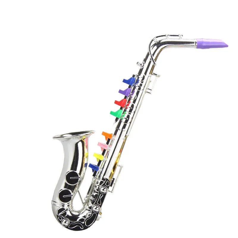 A shiny silver toy clarinet with rainbow coded keys and a purple mouthpiece for kids wind musical learning