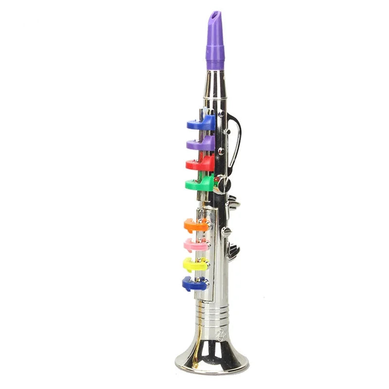 Colorful toy clarinet for kids with silver body, rainbow coded keys, and purple mouthpiece for kids wind learning