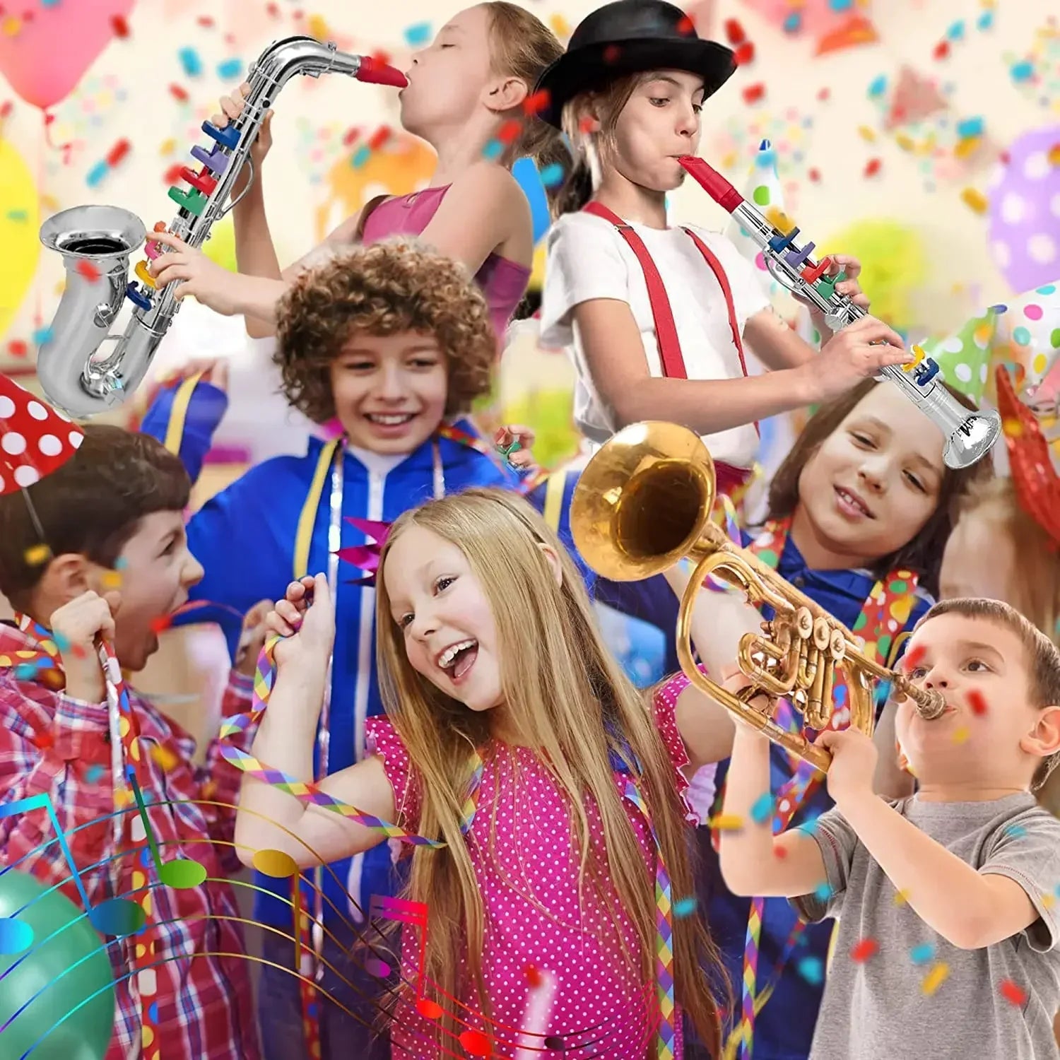 Children’s toy clarinet and kids wind instruments including silver saxophone and gold trumpet with colorful coded keys teaching songs