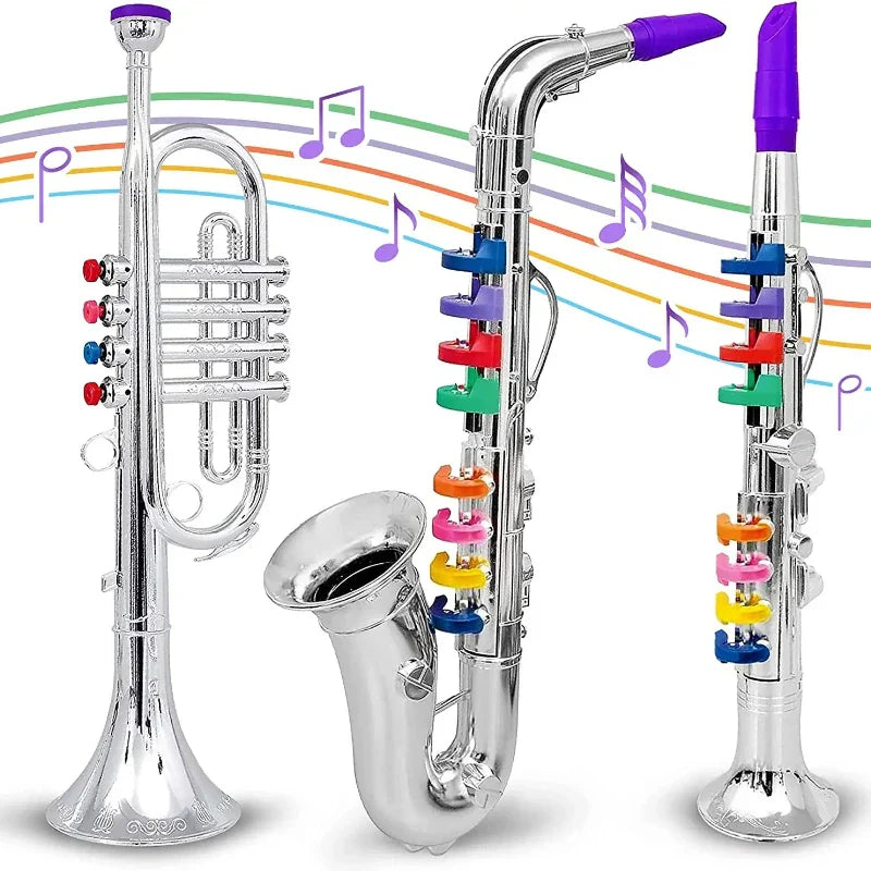 Set of three colorful toy clarinet and saxophone with silver bodies purple mouthpieces and coded keys teaching for kids wind play