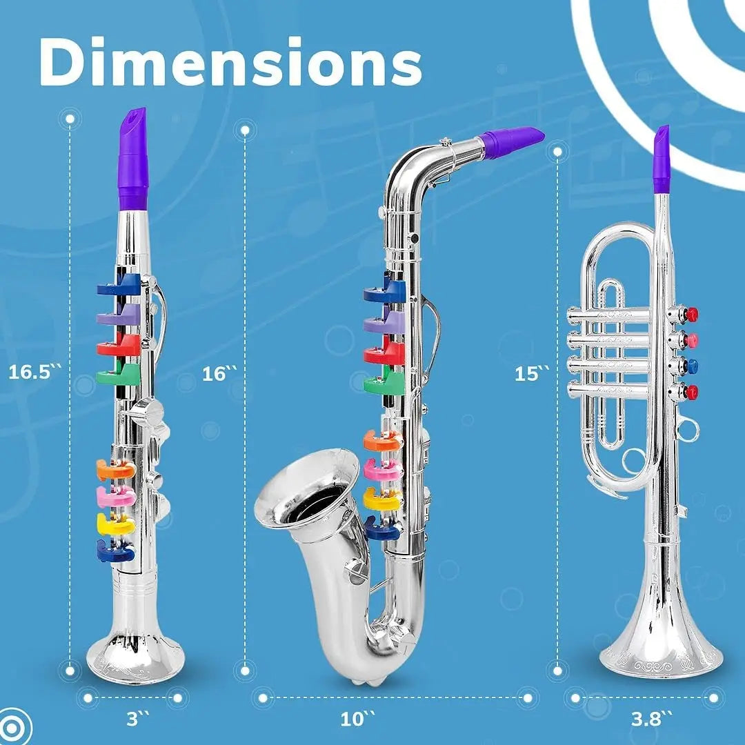 Set of three colorful plastic toy clarinet and saxophone with purple mouthpieces and coded keys teaching for kids wind play
