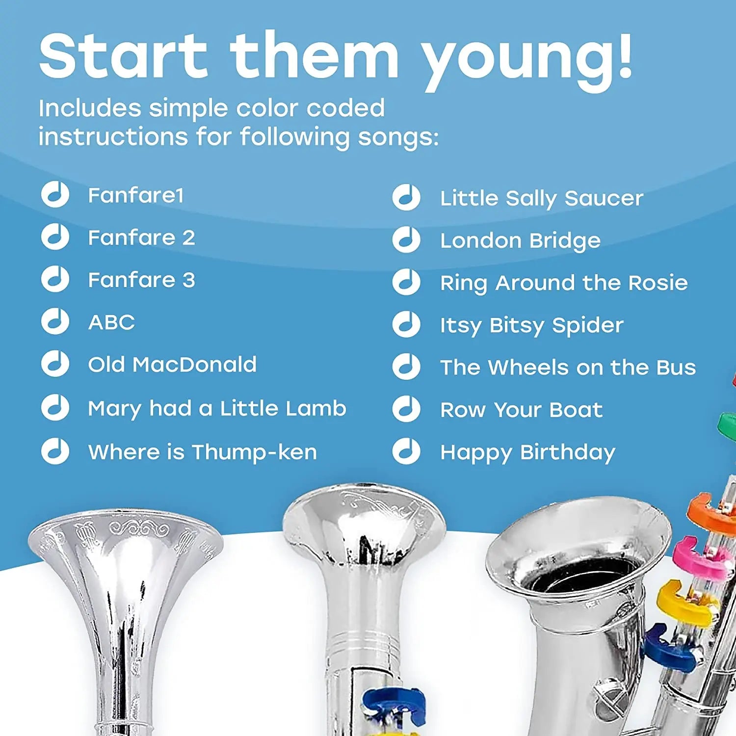 Silver-colored toy clarinet and saxophone with colorful coded keys teaching for kids wind and brass musical instruments