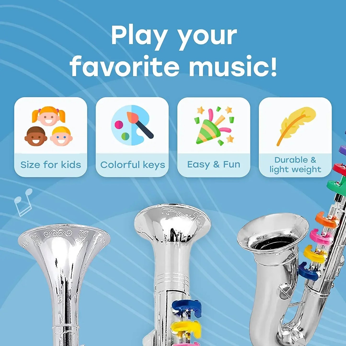 Silver-plated toy clarinet and saxophone with colorful coded keys teaching kids wind and brass musical instruments