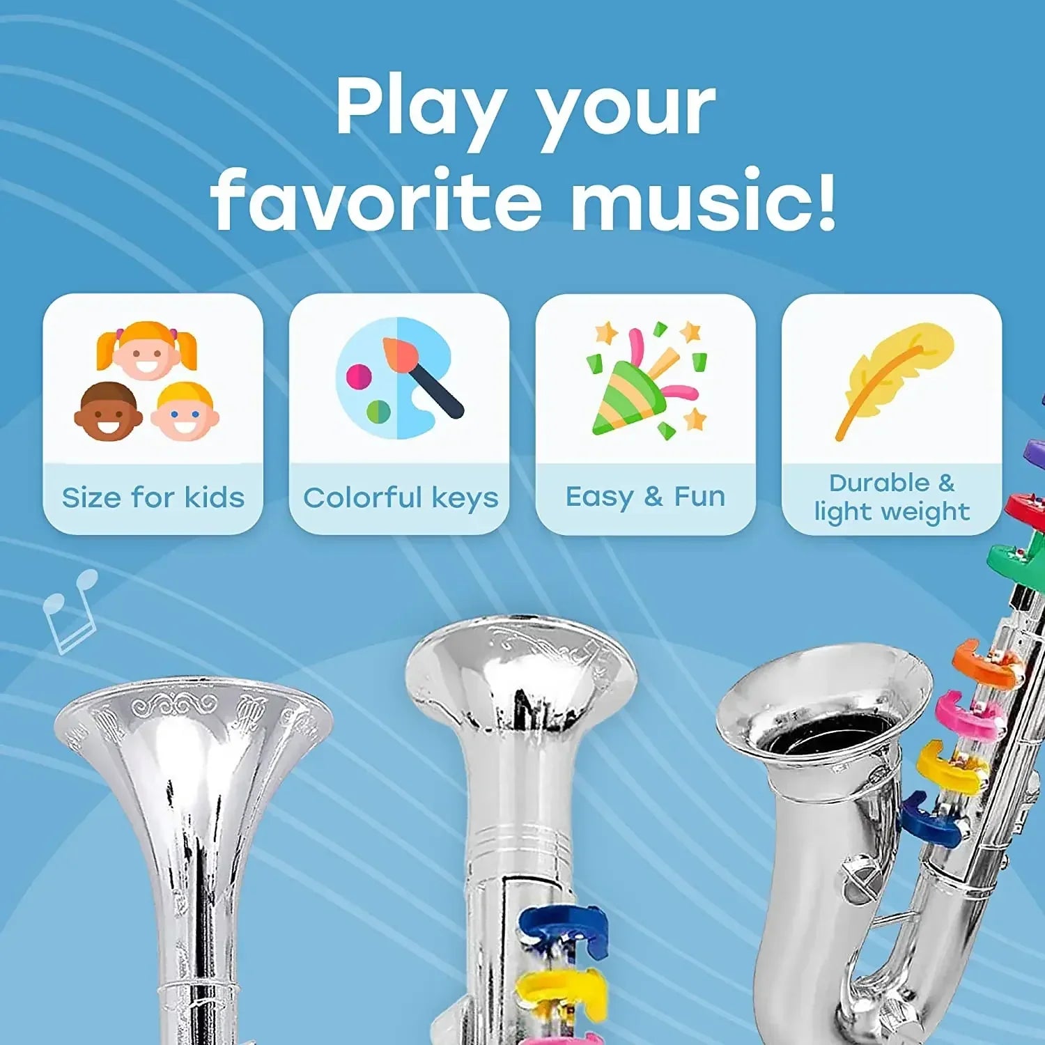 Silver-plated toy clarinet and saxophone with colorful coded keys teaching kids wind and brass musical instruments