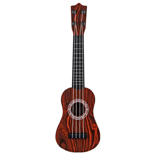Toy ukulele classical with reddish brown wood grain body and black fretboard for early educational learning and play