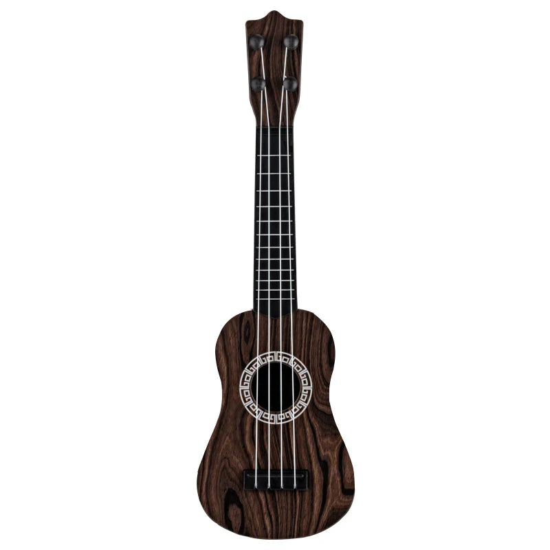 Dark wood-grain toy ukulele classical with white geometric rosette for early educational learning and kids play