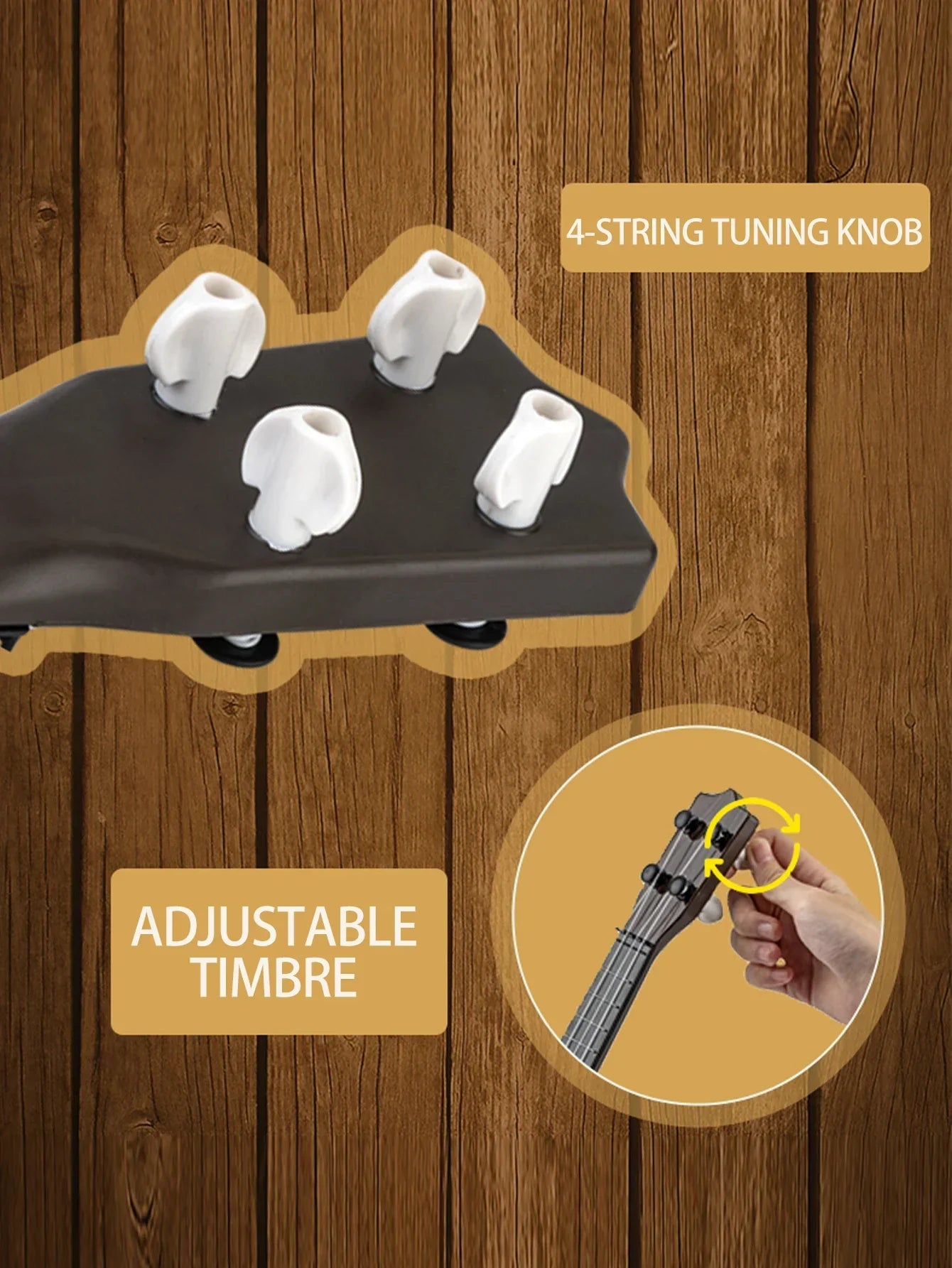 Black toy ukulele classical with four white tuning knobs designed for early educational learning and kids play