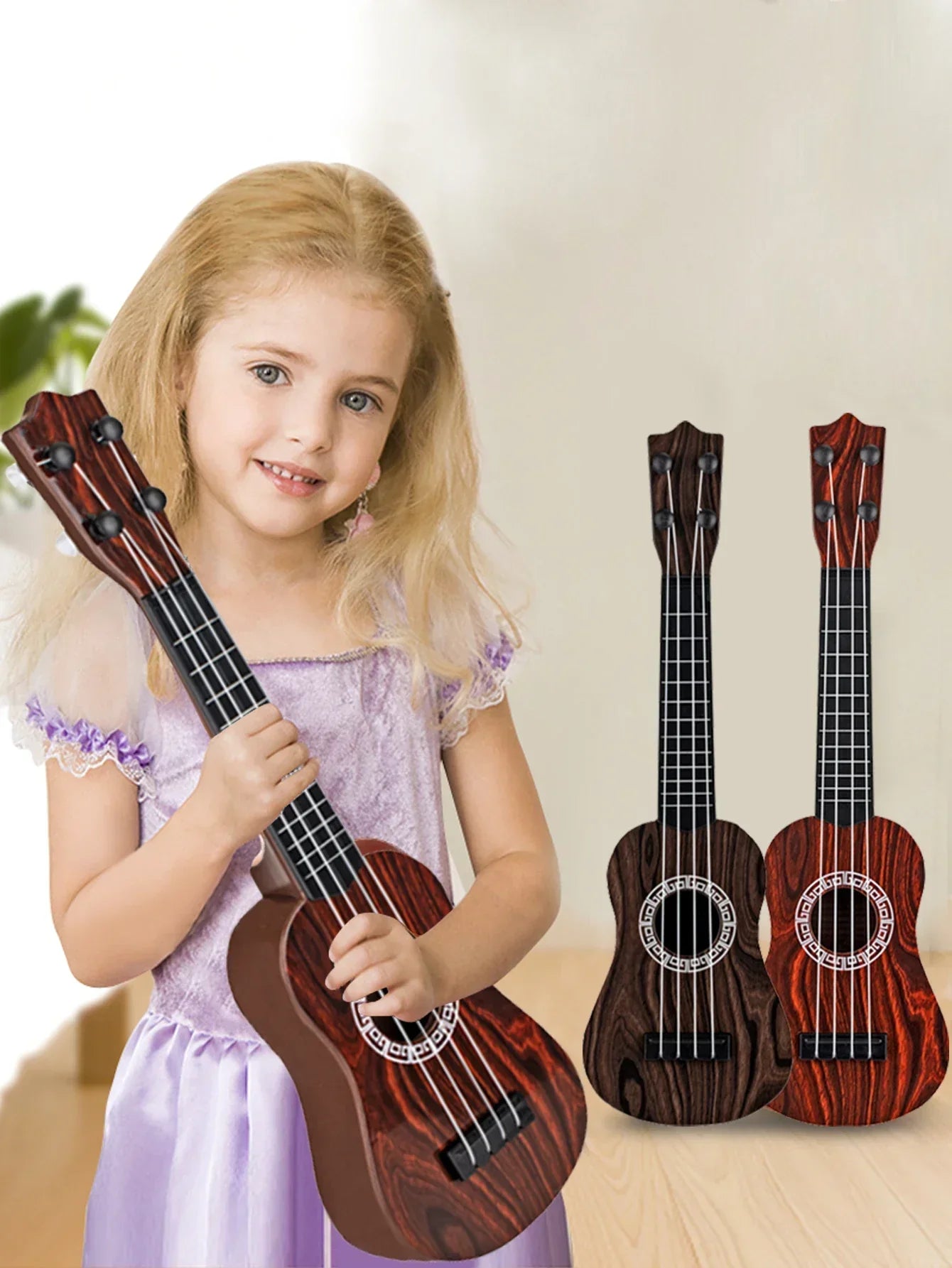 Child holding a toy ukulele classical guitar with dark reddish-brown wood grain for early educational learning