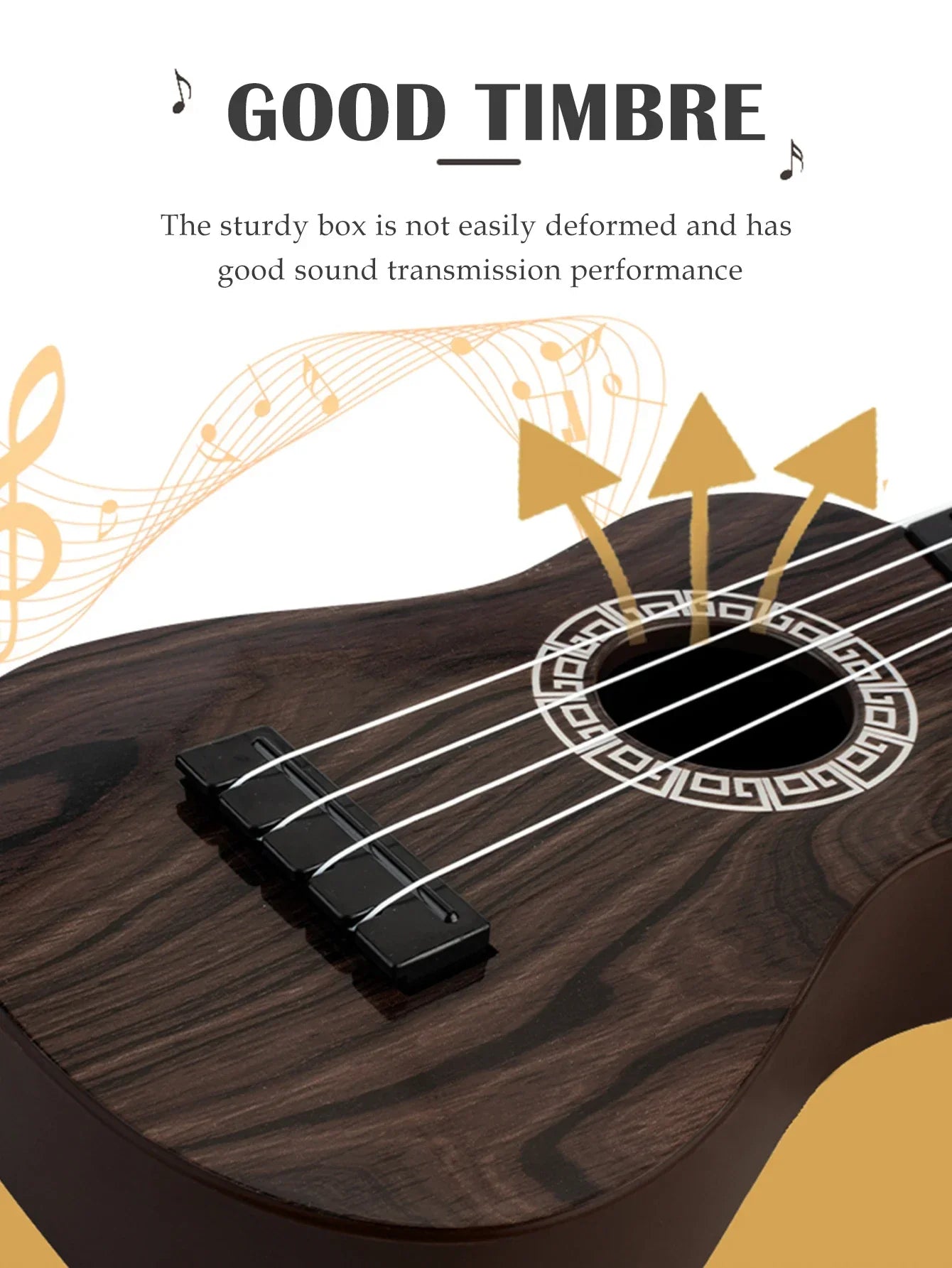 Dark wood toy ukulele classical with decorative geometric rosette and black tuning pegs for early educational learning