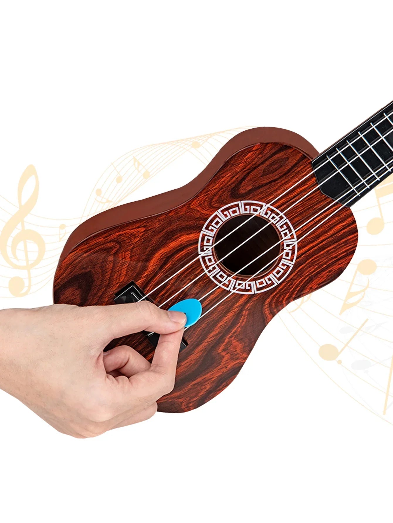 A toy ukulele classical guitar with reddish-brown wood grain and white geometric inlay for early educational learning