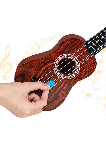 A toy ukulele classical guitar with reddish-brown wood grain and white geometric inlay for early educational learning