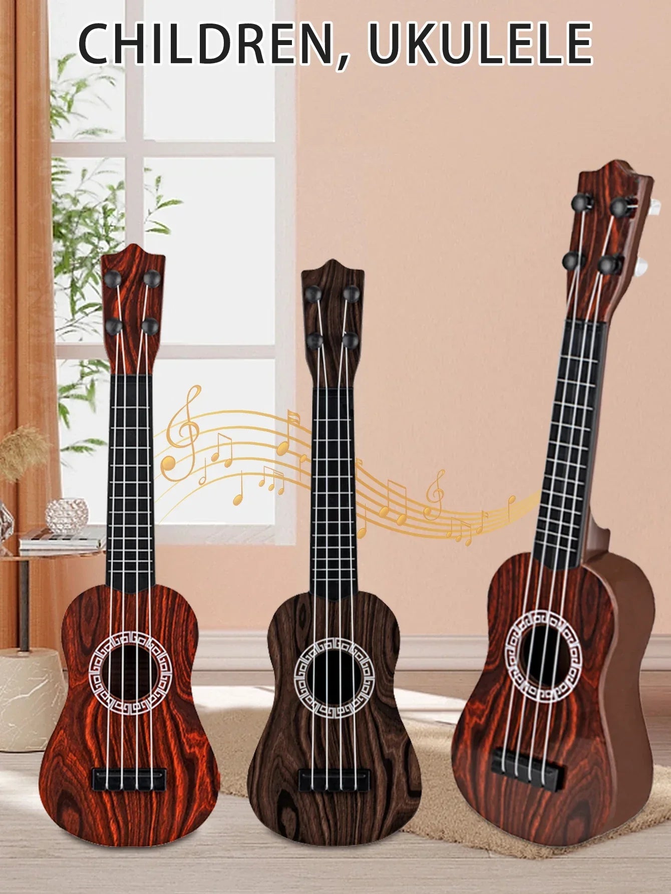Three children’s toy ukulele classical guitars with wood-grain finishes and white decorative rosettes for early educational learning