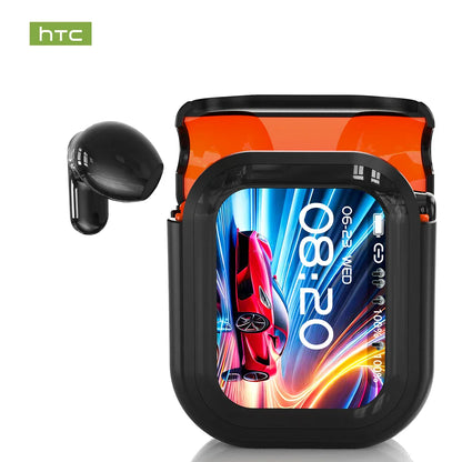Black htc ne20 wireless headphones translation earbuds with glossy finish, waterproof rating long battery life, and digital case display