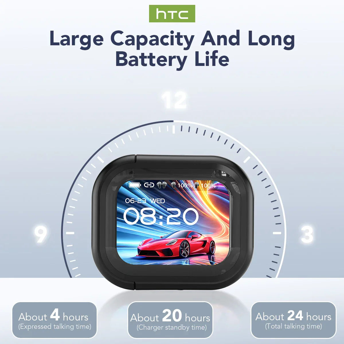 Black rectangular htc smartwatch with digital display featuring long battery life and waterproof rating for wireless headphones translation