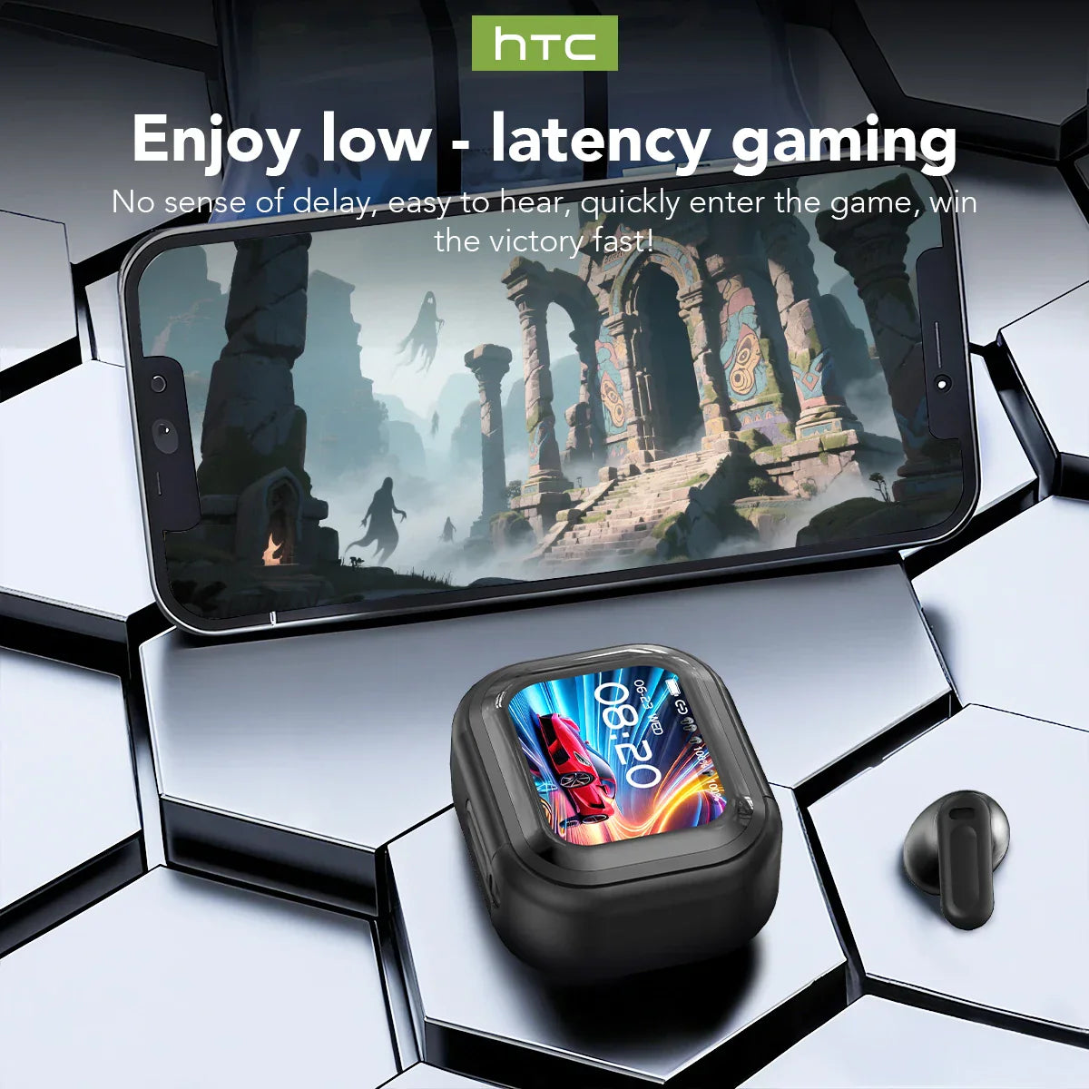 Black htc wireless headphones translation earbuds in charging case with one earbud out showing waterproof rating long battery life