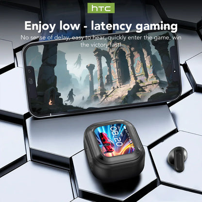 Black htc wireless headphones translation earbuds in charging case with one earbud out showing waterproof rating long battery life