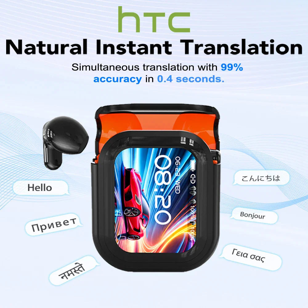 Black and orange htc wireless headphones translation earbuds in a sleek charging case with long battery life and waterproof rating