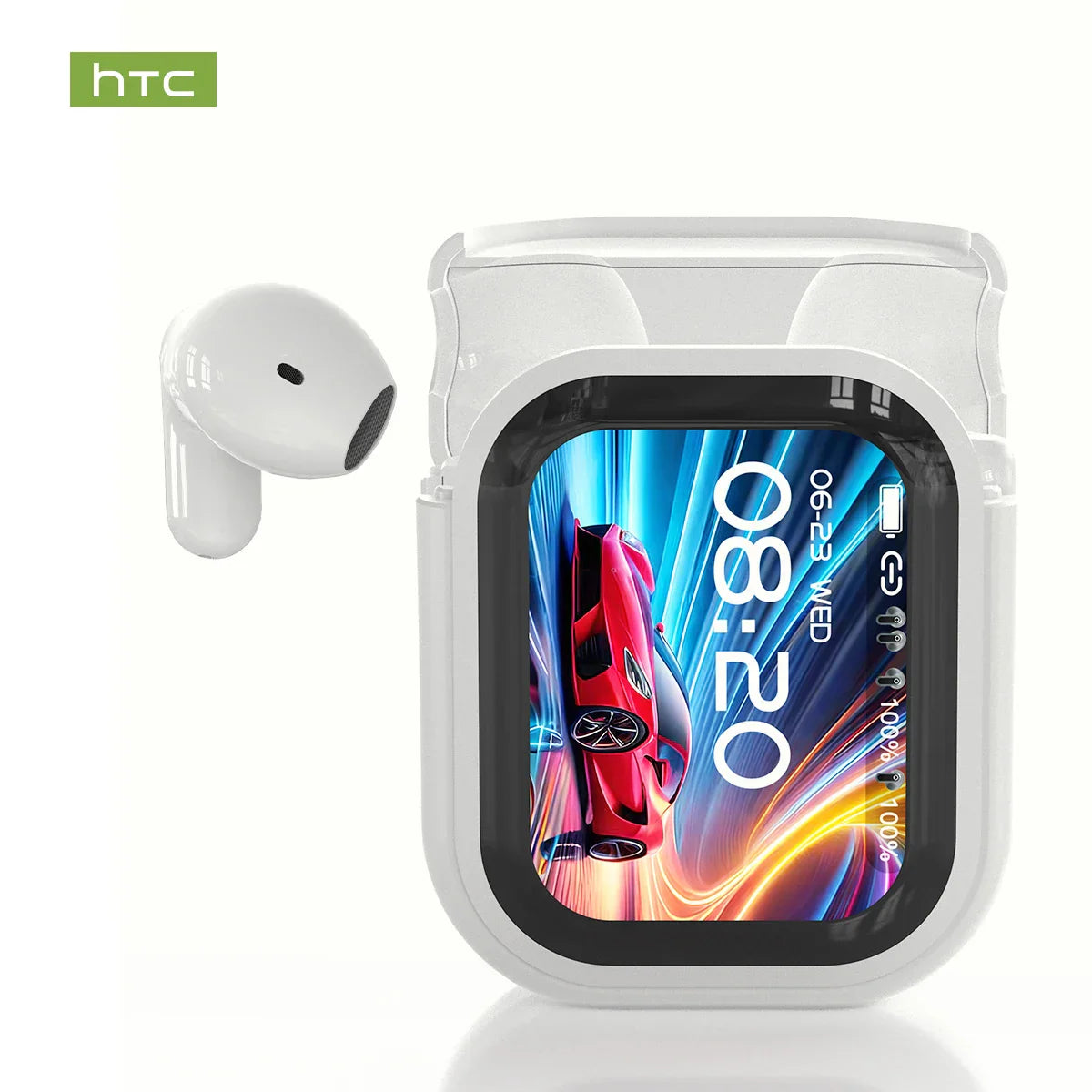 White htc wireless headphones translation earbuds with charging case featuring waterproof rating long battery life