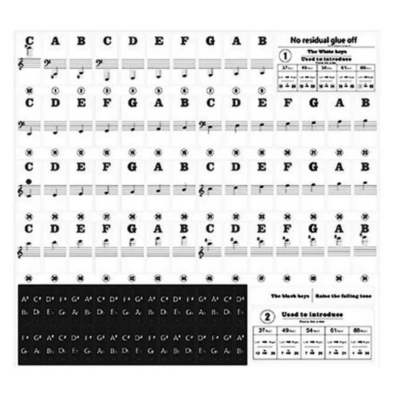 Black and white transparent piano keyboard stickers with spectrum sticker symbol for 49 to 88 key electronic pianos