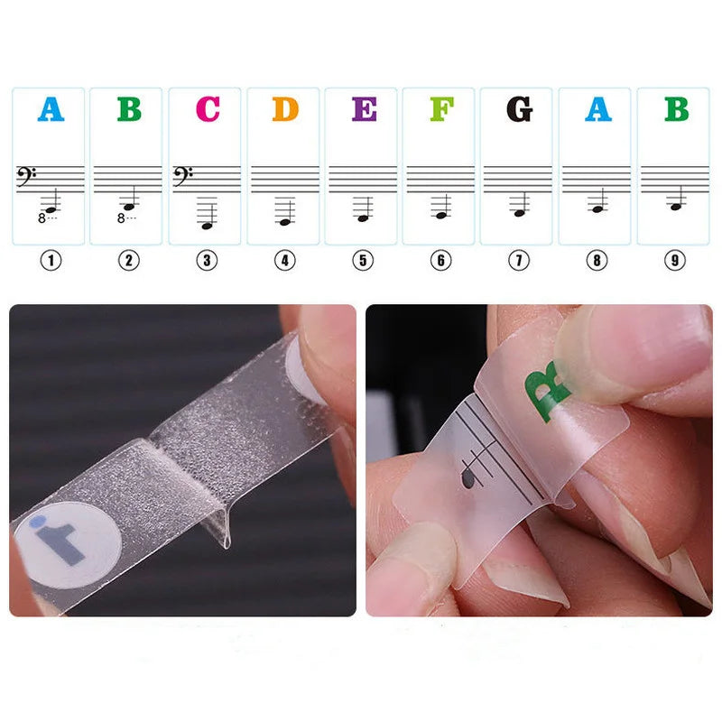 Clear translucent adhesive transparent piano keyboard stickers with colorful spectrum sticker symbol and musical staff designs