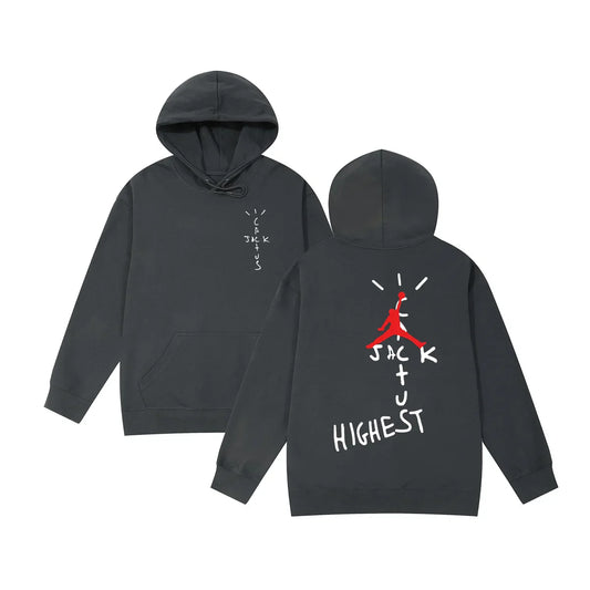 Black cotton hoodie sweatshirt featuring travis cactus jack jumpman graphic for rapper vintage hoodies men women