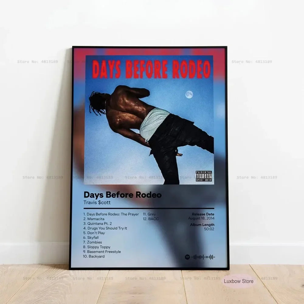 Black-framed canvas poster featuring travis scott days before rodeo album cover with muscular figure and red blue text