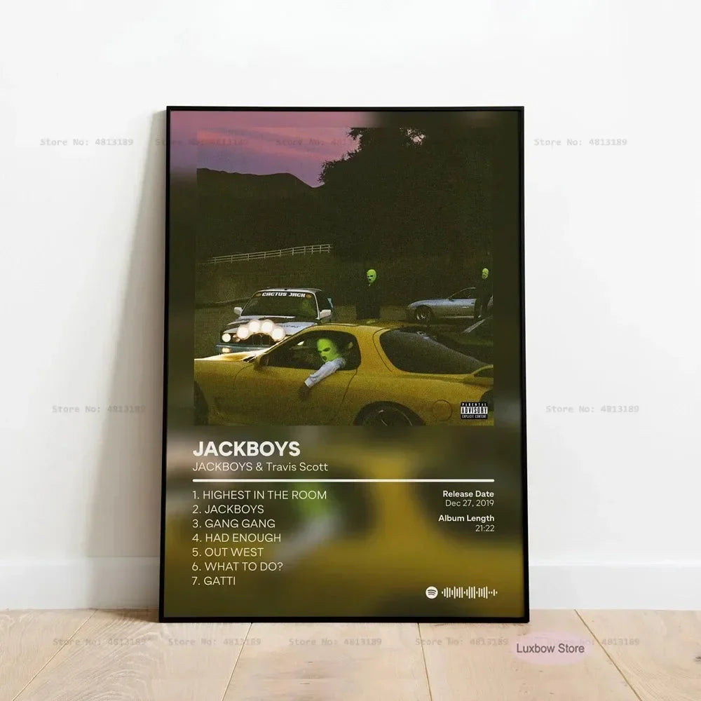 Black-framed poster featuring jackboys album cover with yellow sports car and green figures for home decor wall art