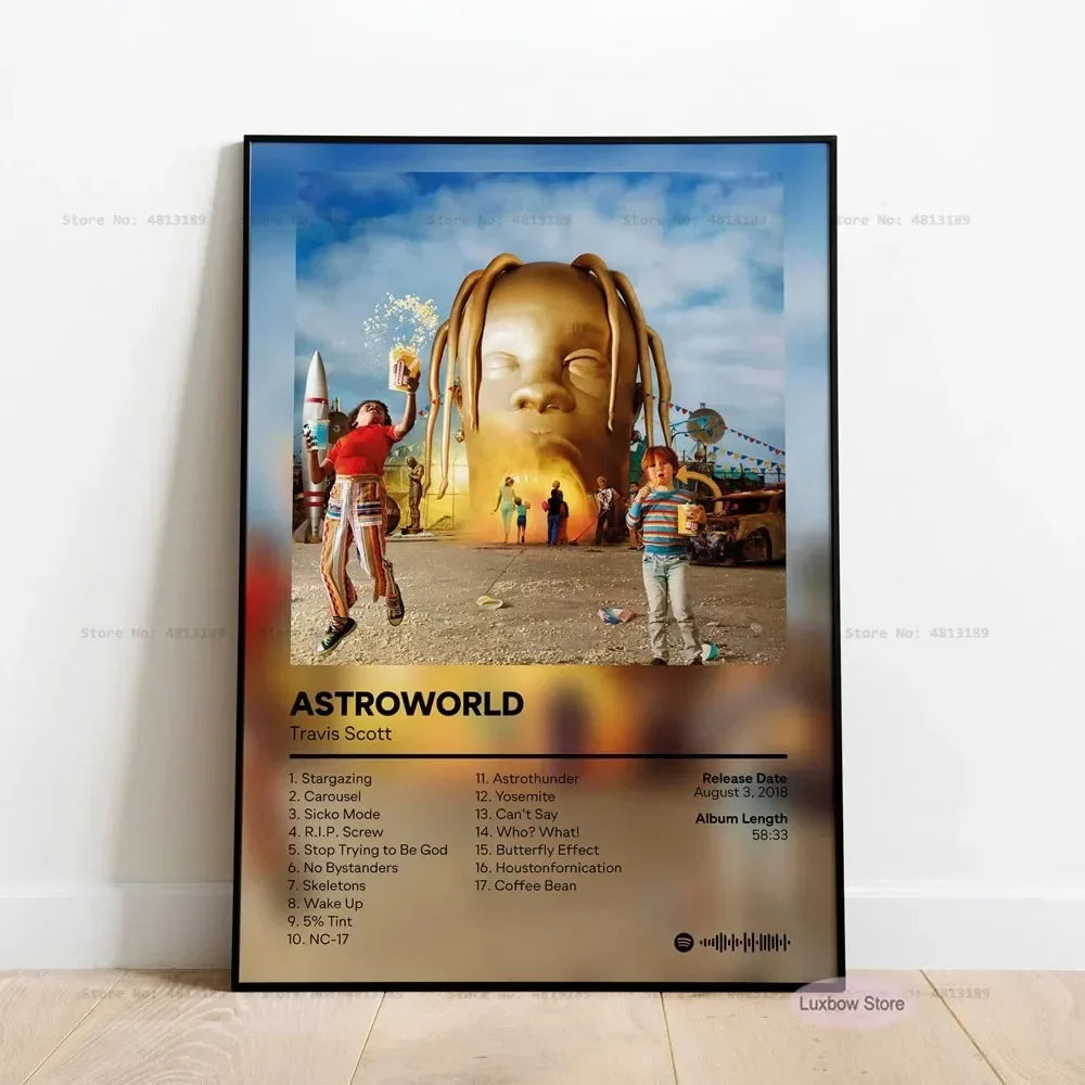 A framed travis scott astroworld album poster featuring a golden face with dreadlocks and carnival backdrop