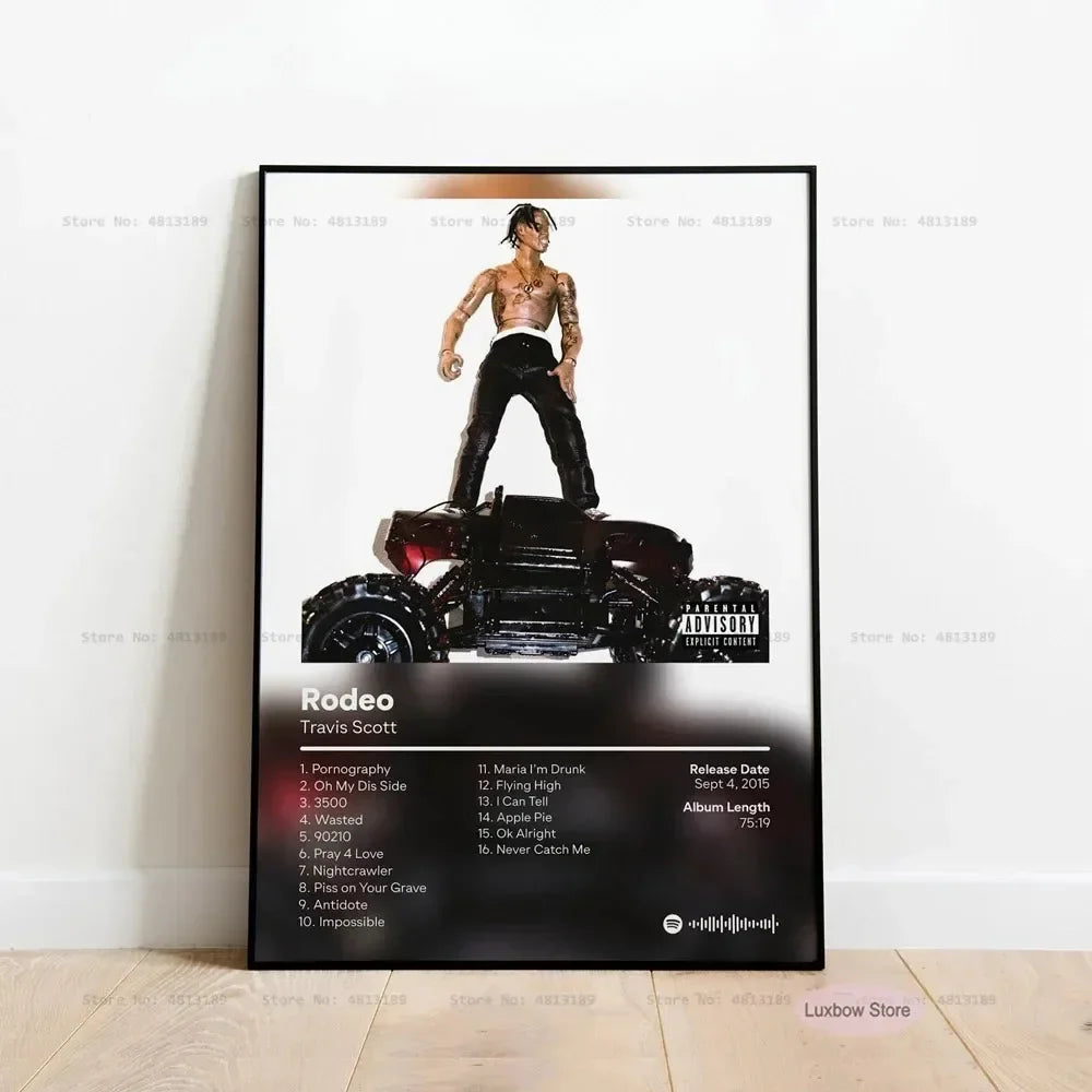 Black-framed travis scott rodeo album poster featuring him atop a black monster truck for hip hop home decor