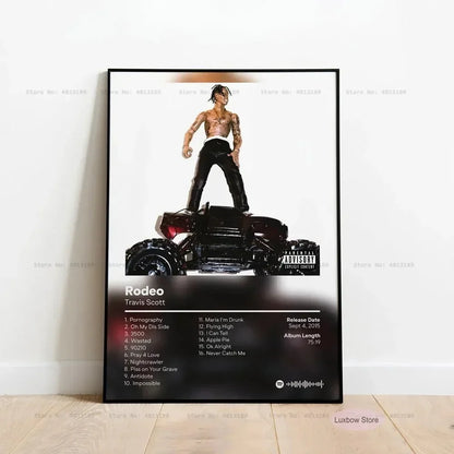 Black-framed travis scott rodeo album poster featuring him atop a black monster truck for hip hop home decor