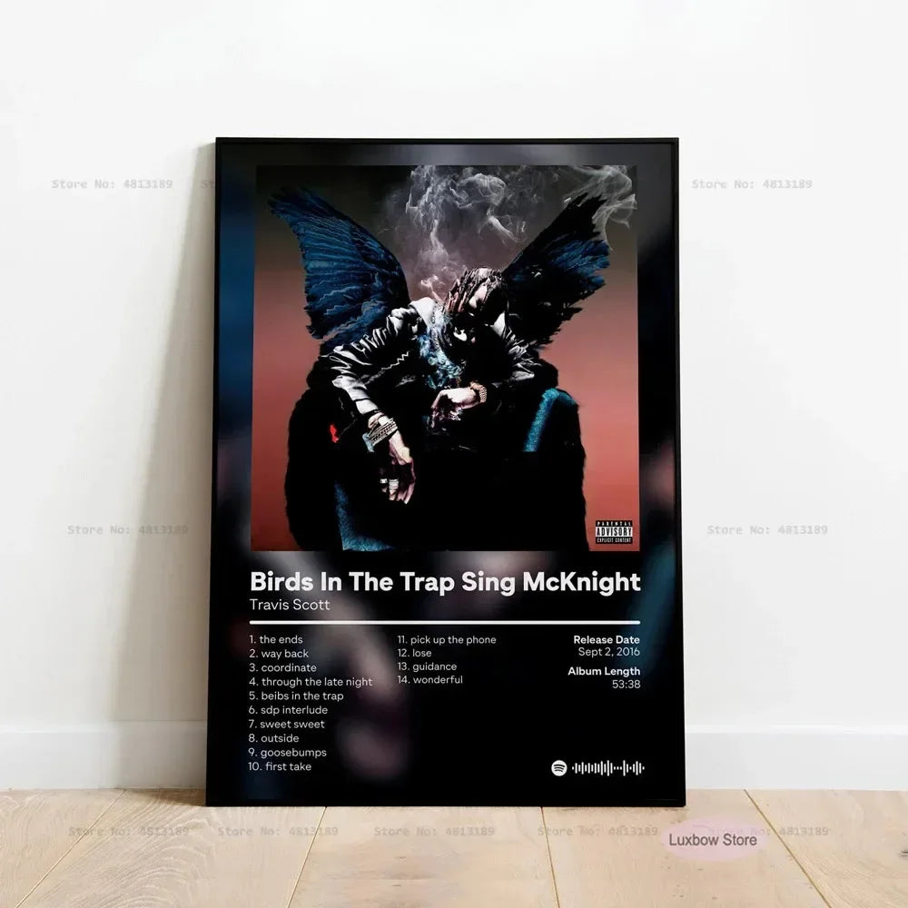 Black-framed travis scott birds in the trap sing mcknight album poster with dark smoky design and winged artwork for home decor