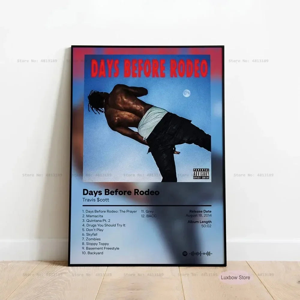 Black-framed travis scott days before rodeo album poster with blue and red gradient canvas art for home decor
