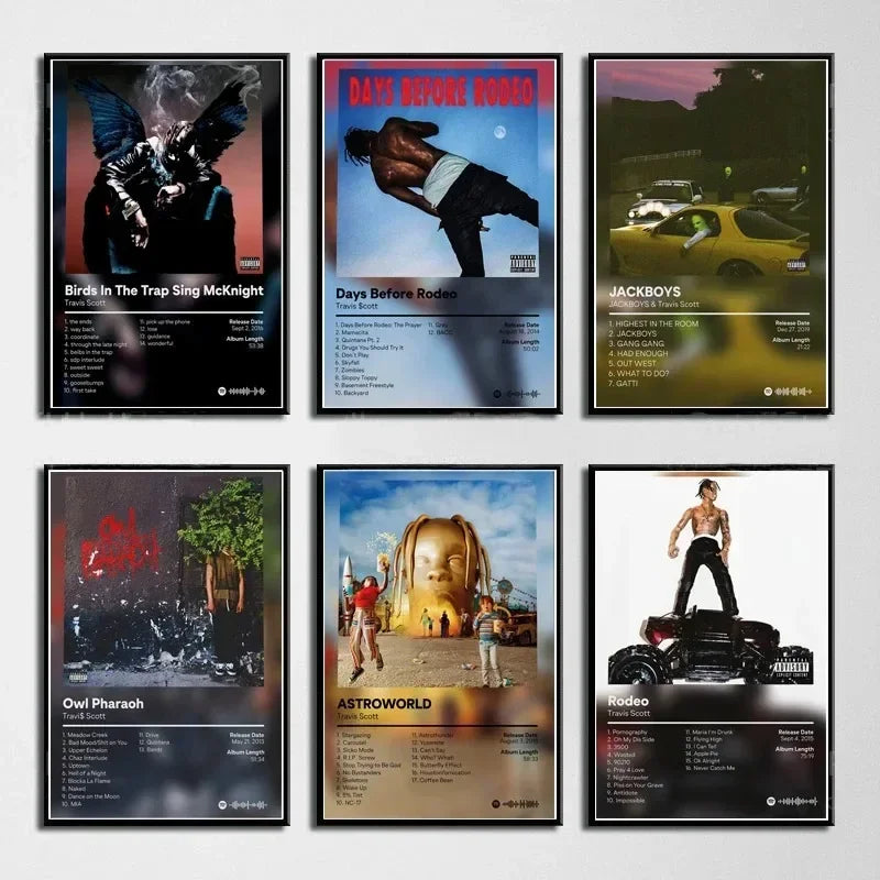 Set of six framed album poster prints featuring travis scott jackboys in vibrant colors for living room decor