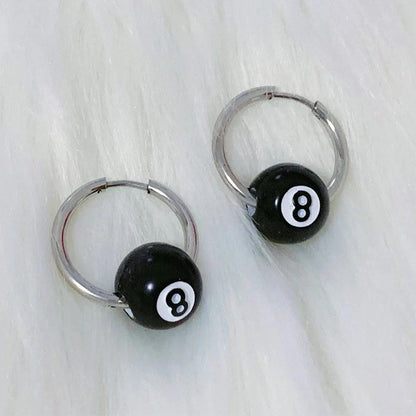 Black eight-ball themed hoop earrings with silver metal frames glossy spheres for women men korean lovers accessories punk