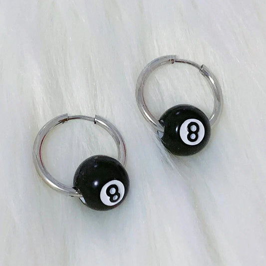 Black eight-ball themed hoop earrings with silver metal frames glossy spheres for women men korean lovers accessories punk