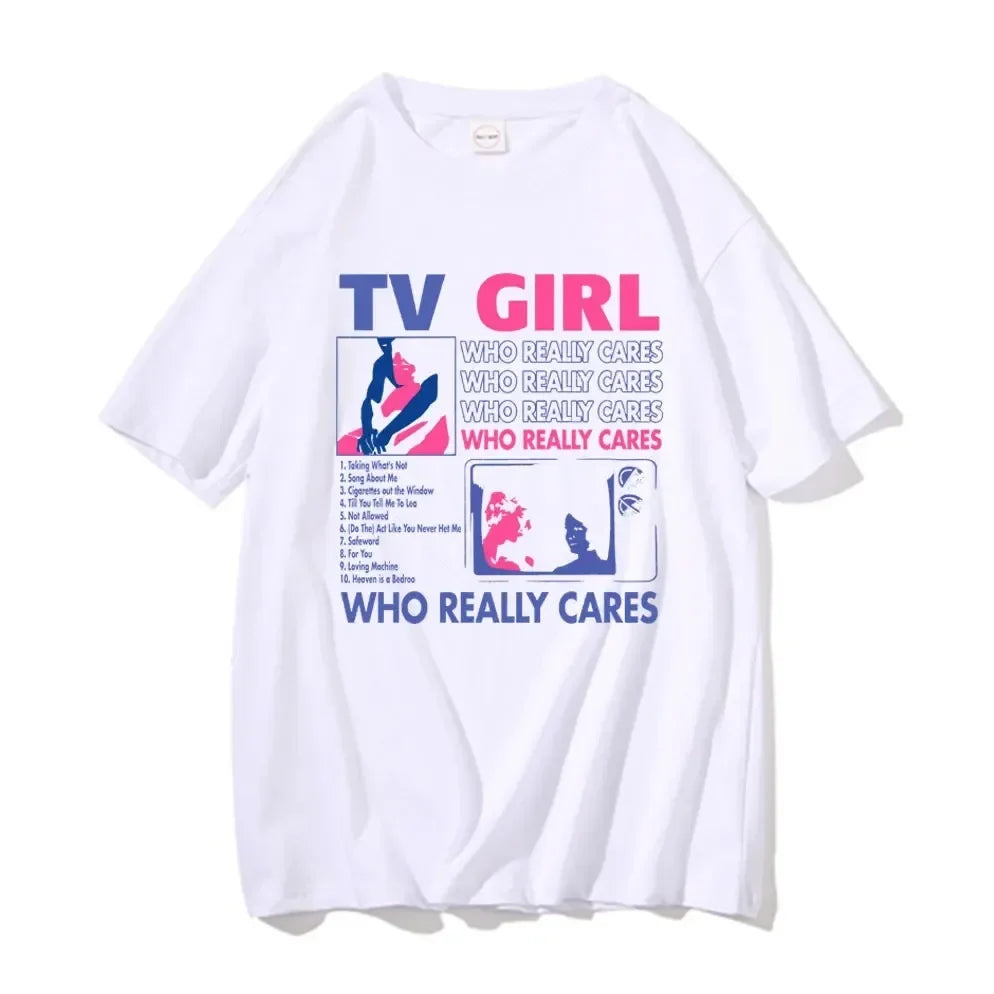 White cotton trend tv girl lovers rock song print t-shirt with hip hop oversized graphic and stylized silhouettes
