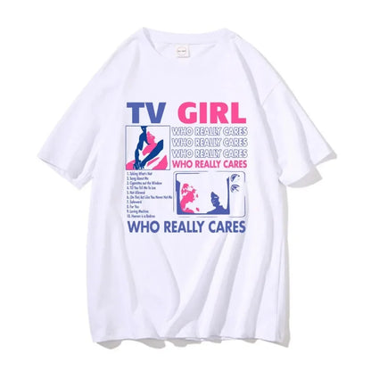 White cotton trend tv girl lovers rock song print t-shirt with hip hop oversized graphic and stylized silhouettes