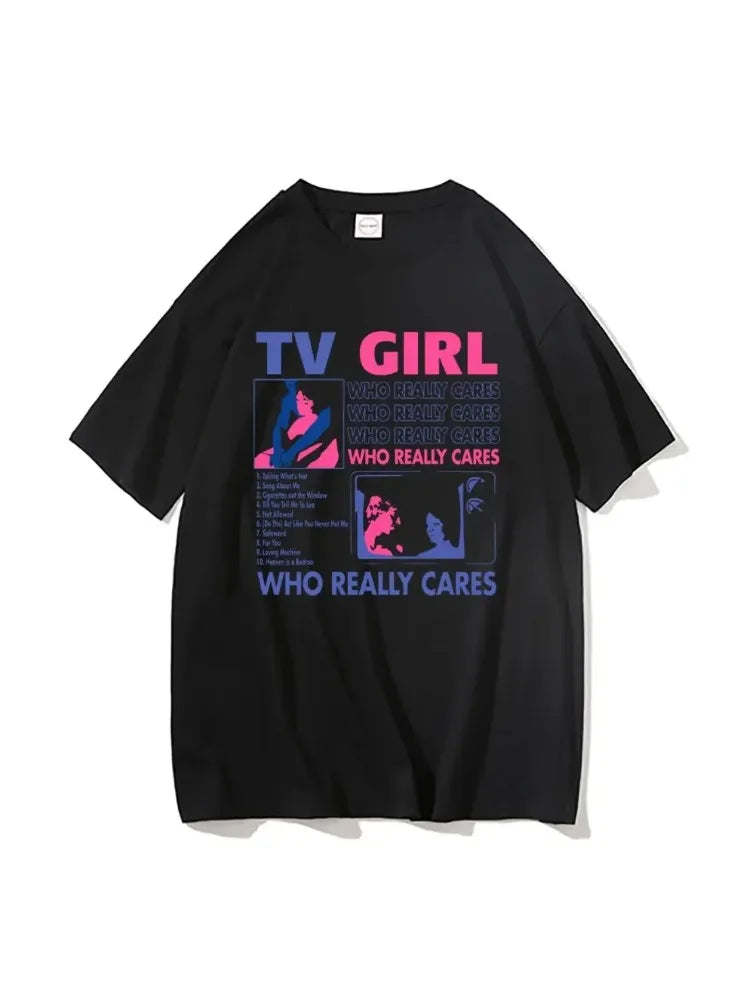 Black cotton short-sleeved hip hop oversized t shirt with trend tv girl lovers rock song graphic print for men and women