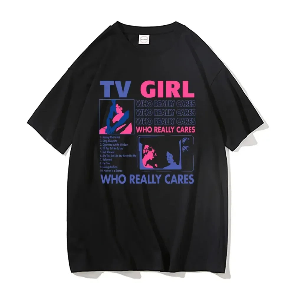 Black cotton short-sleeved trend tv girl t-shirt with lovers rock song hip hop oversized graphic print design